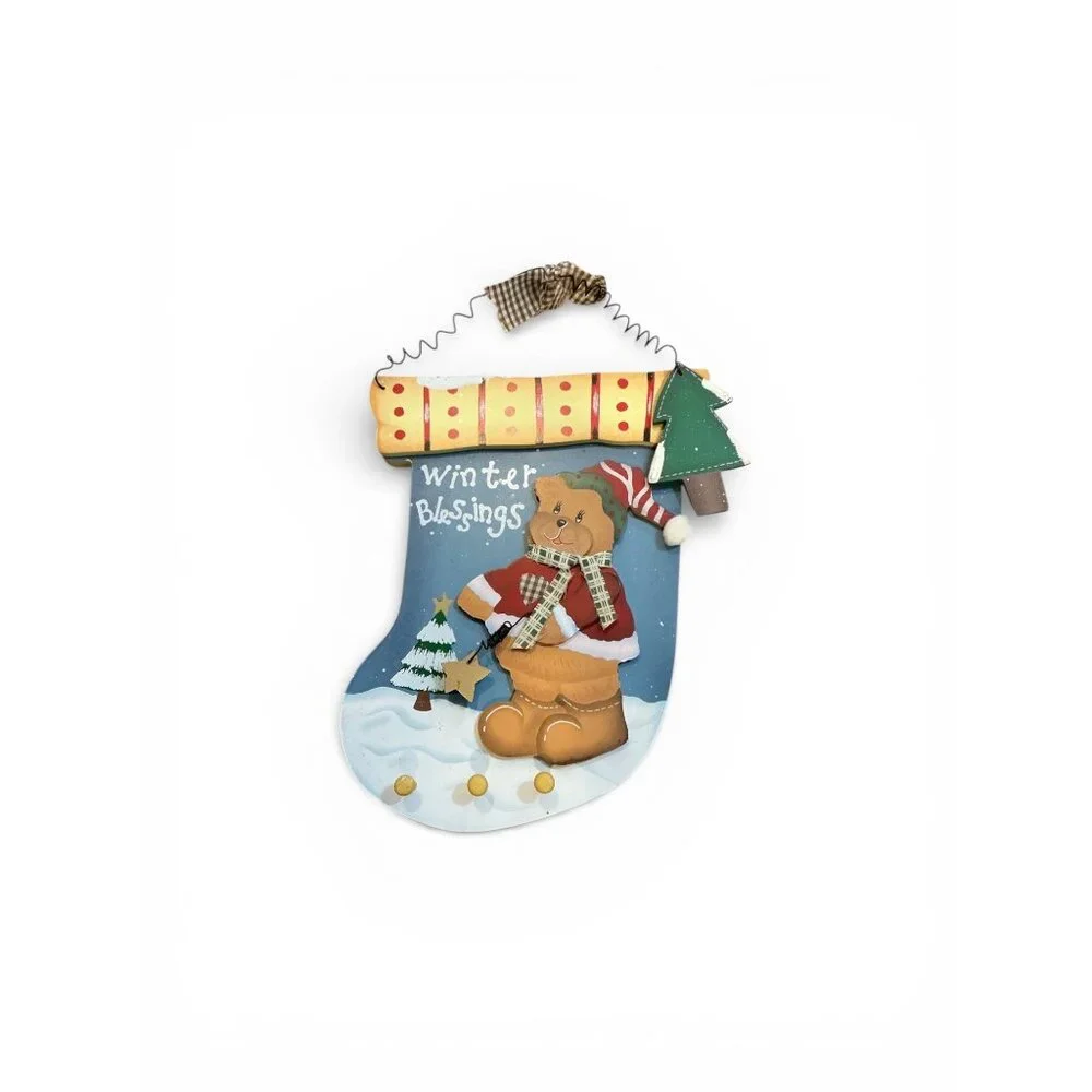 Christmas Winter Blessings Decorative‎ Wooden Stocking Wall Hanging With Bear